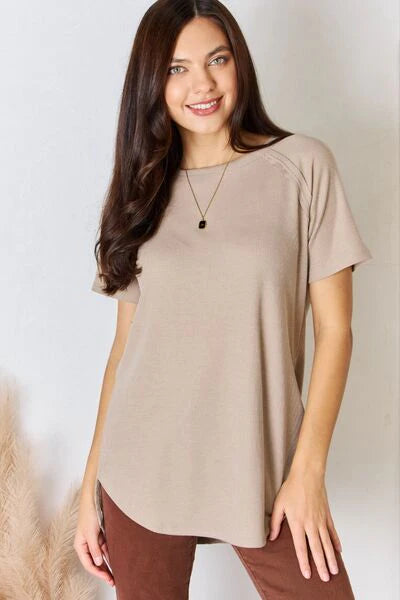 Waffle Top SHORT SLEEVE SLIT HIGH-LOW T-SHIRT