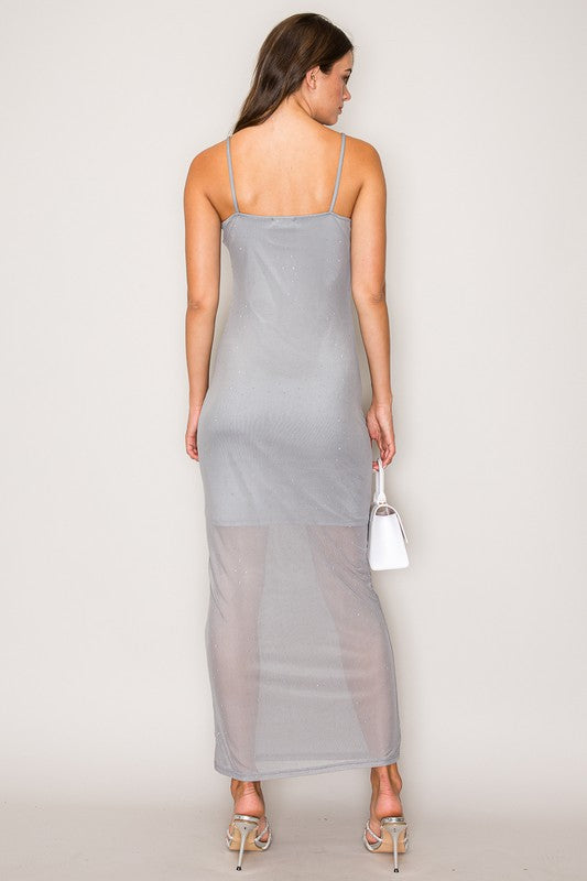 Rhinestone Embellished Power Mesh Cami Maxi Dress