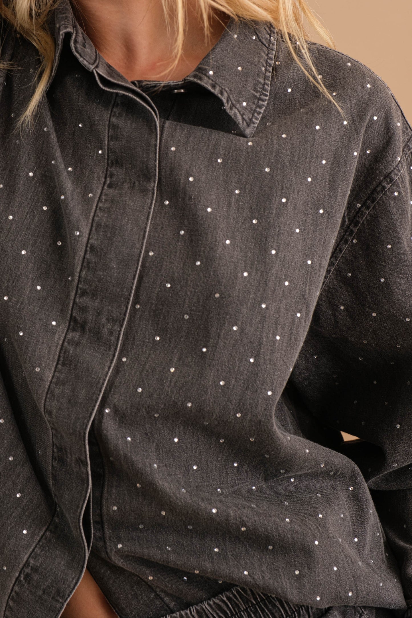 Garment Washed Studded Twill Shirt Blouse