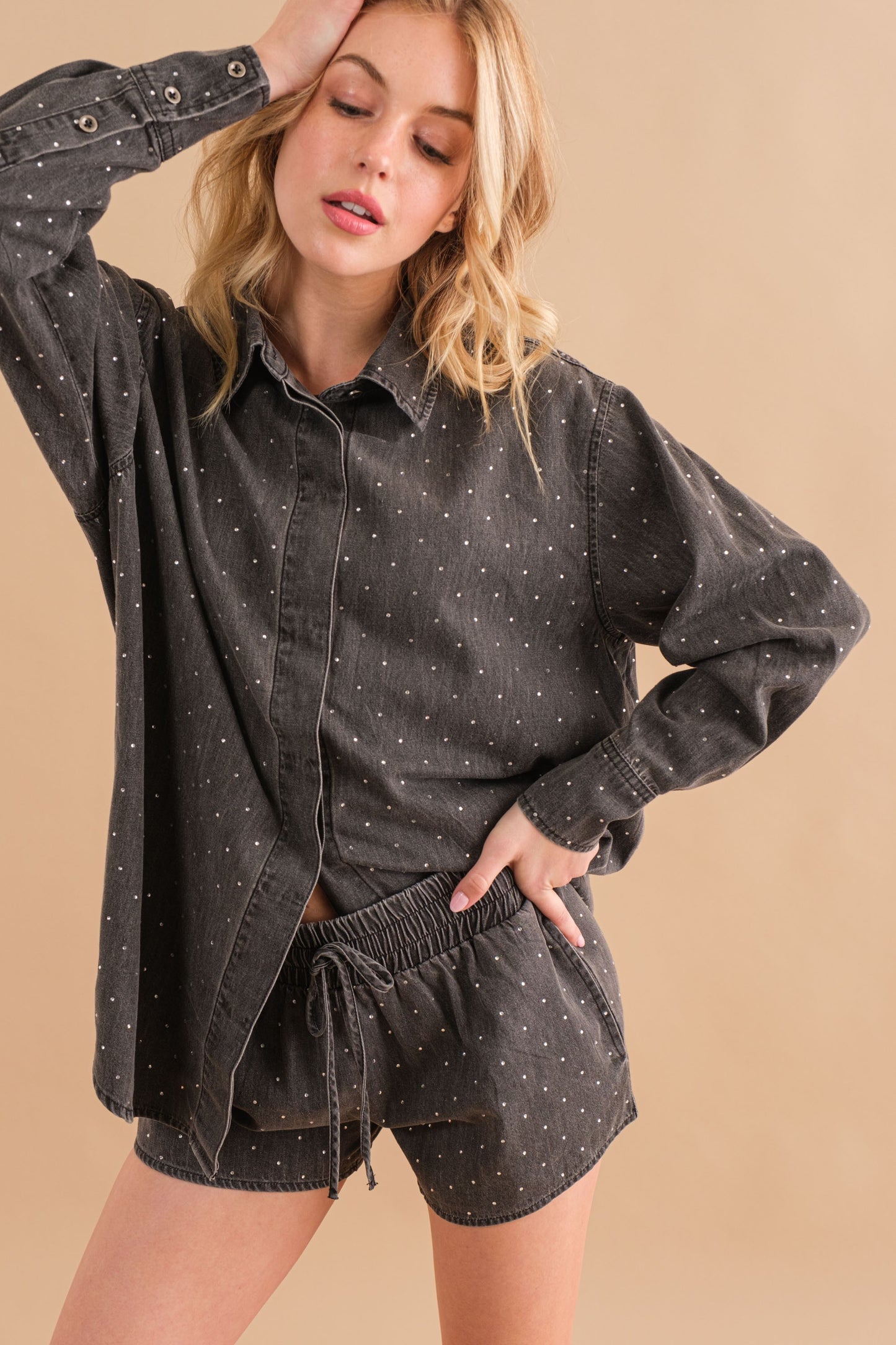 Garment Washed Studded Twill Shirt Blouse