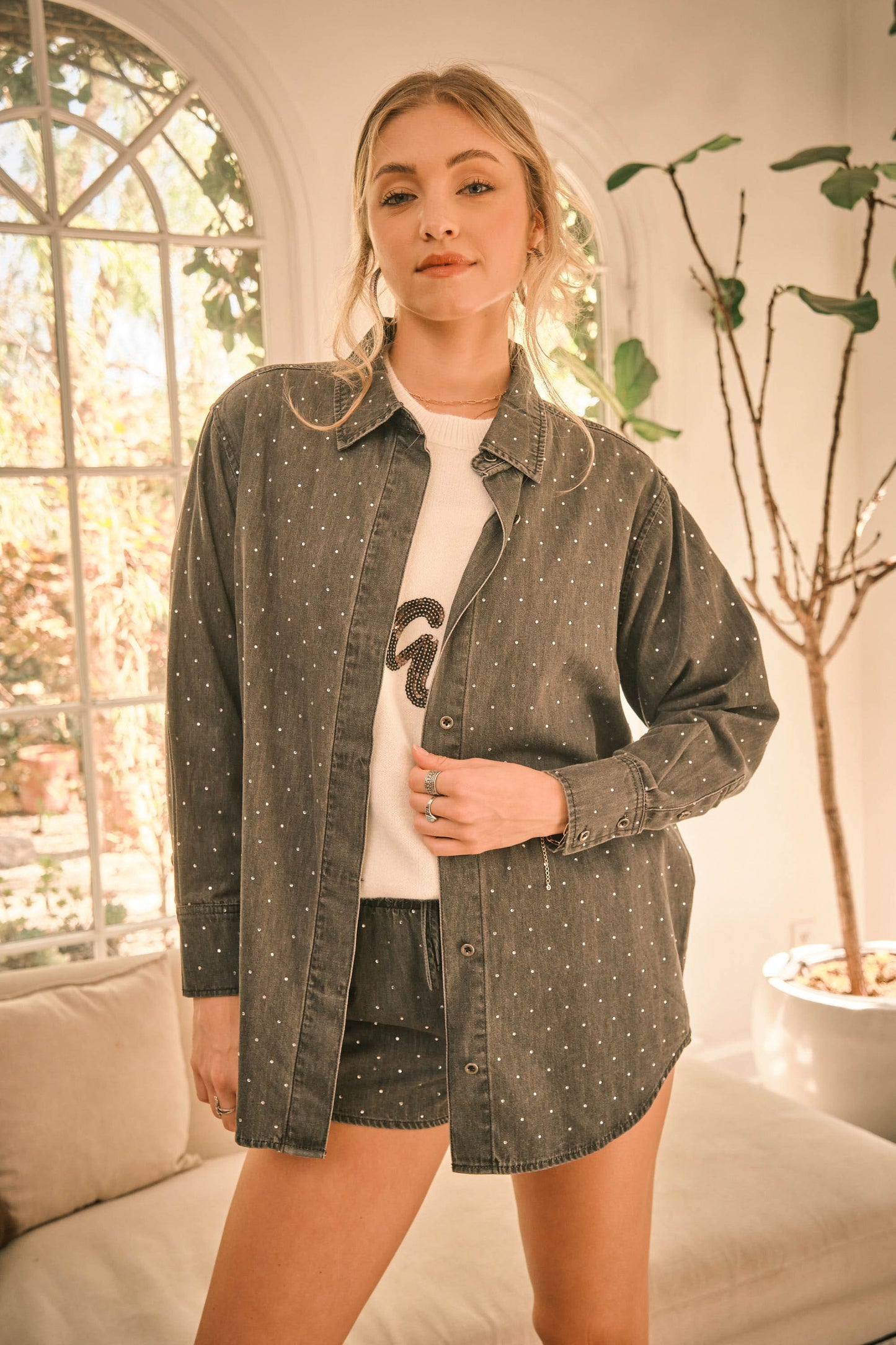 Garment Washed Studded Twill Shirt Blouse