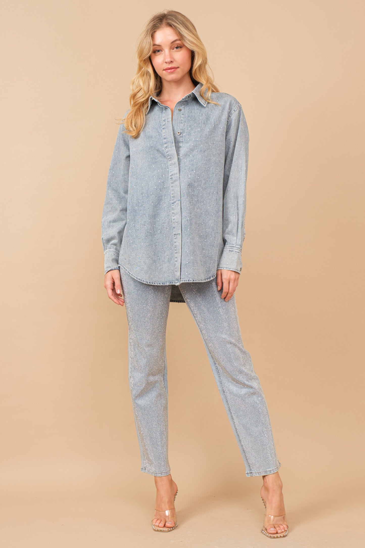 High Rise Rhinestone Suds at Front Denim Jeans