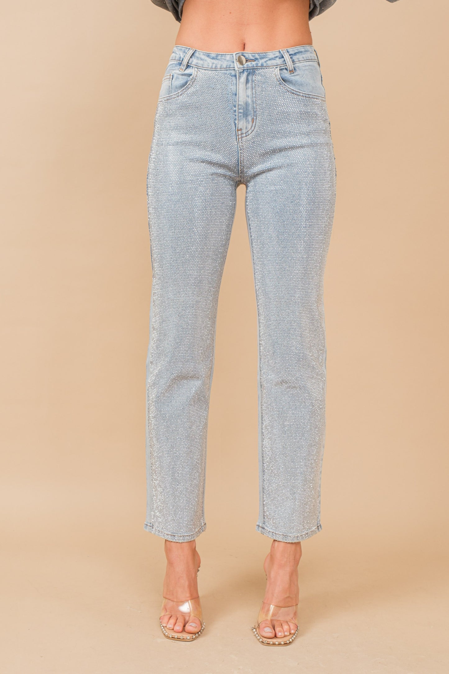 High Rise Rhinestone Suds at Front Denim Jeans