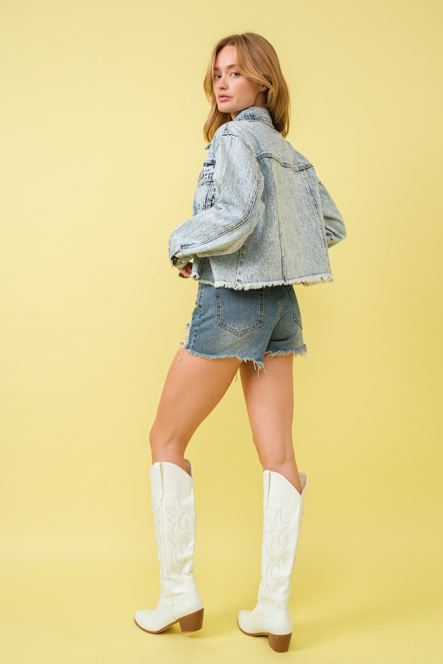 Rhinestone Studs Stripe Detailed Denim Jacket