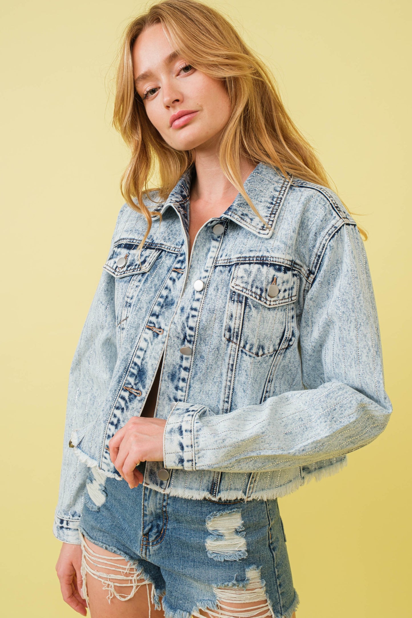 Rhinestone Studs Stripe Detailed Denim Jacket