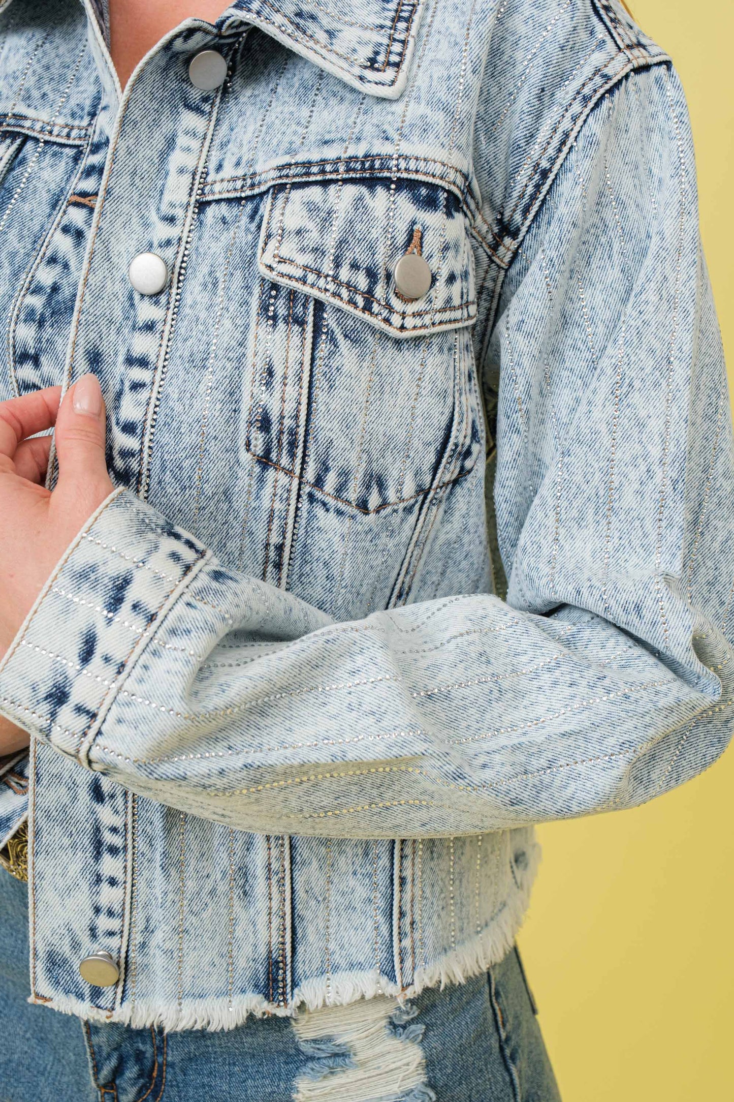 Rhinestone Studs Stripe Detailed Denim Jacket