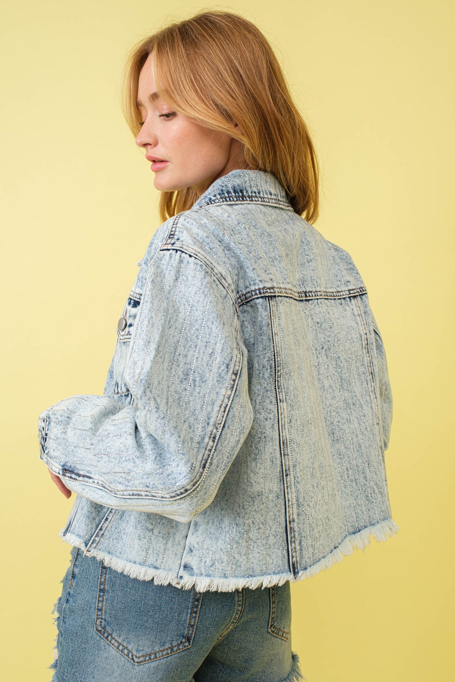 Rhinestone Studs Stripe Detailed Denim Jacket