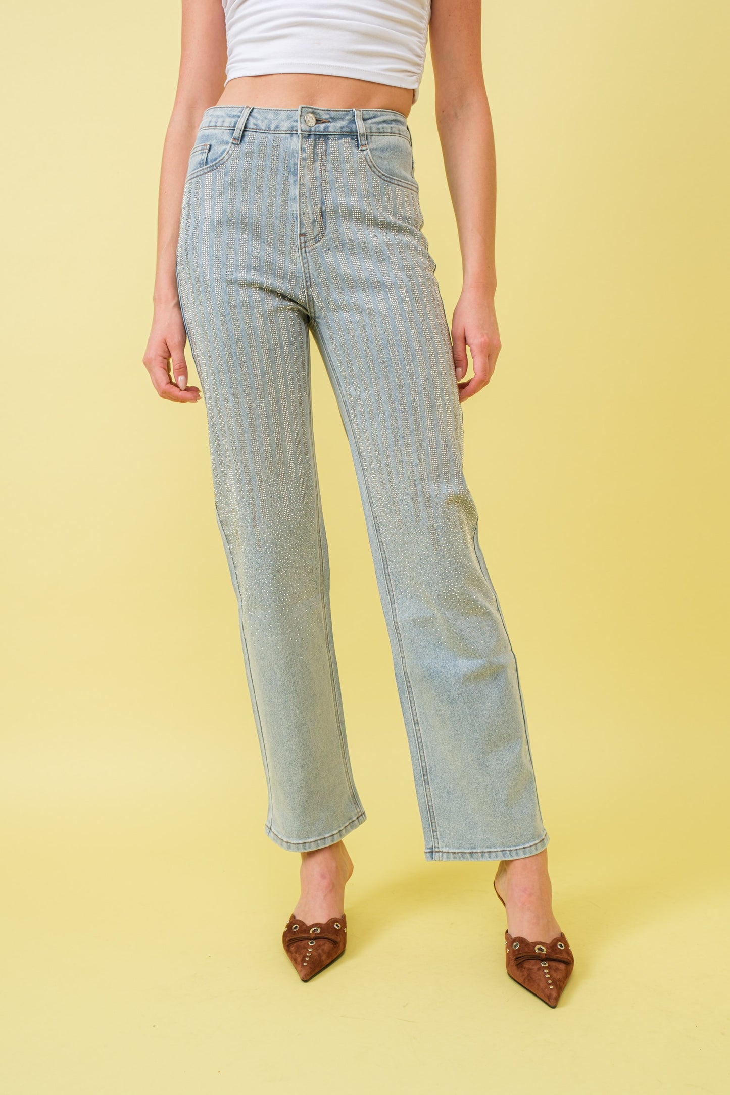 High Rise Rhinestone Embellishment Denim Jeans