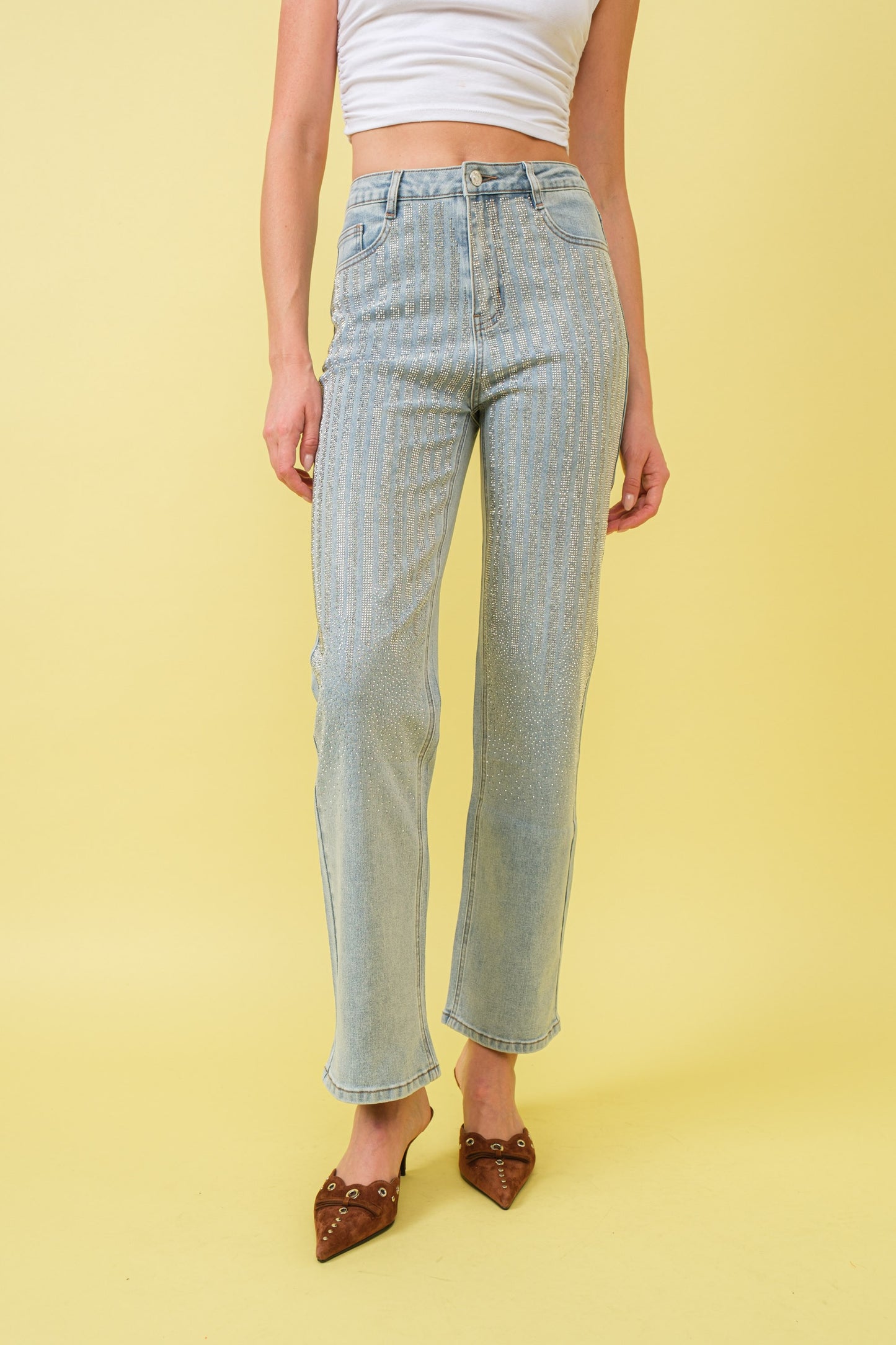 High Rise Rhinestone Embellishment Denim Jeans