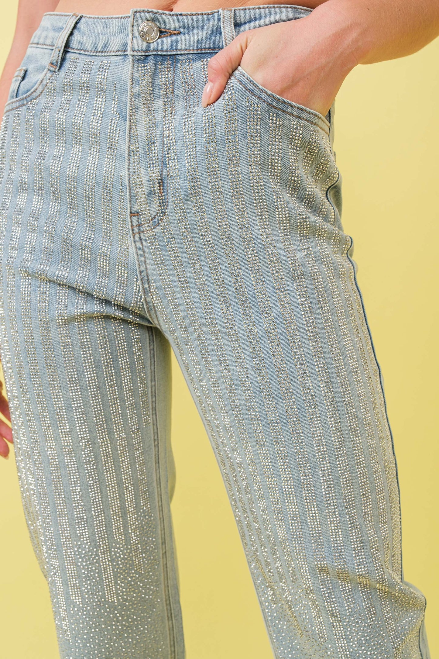 High Rise Rhinestone Embellishment Denim Jeans