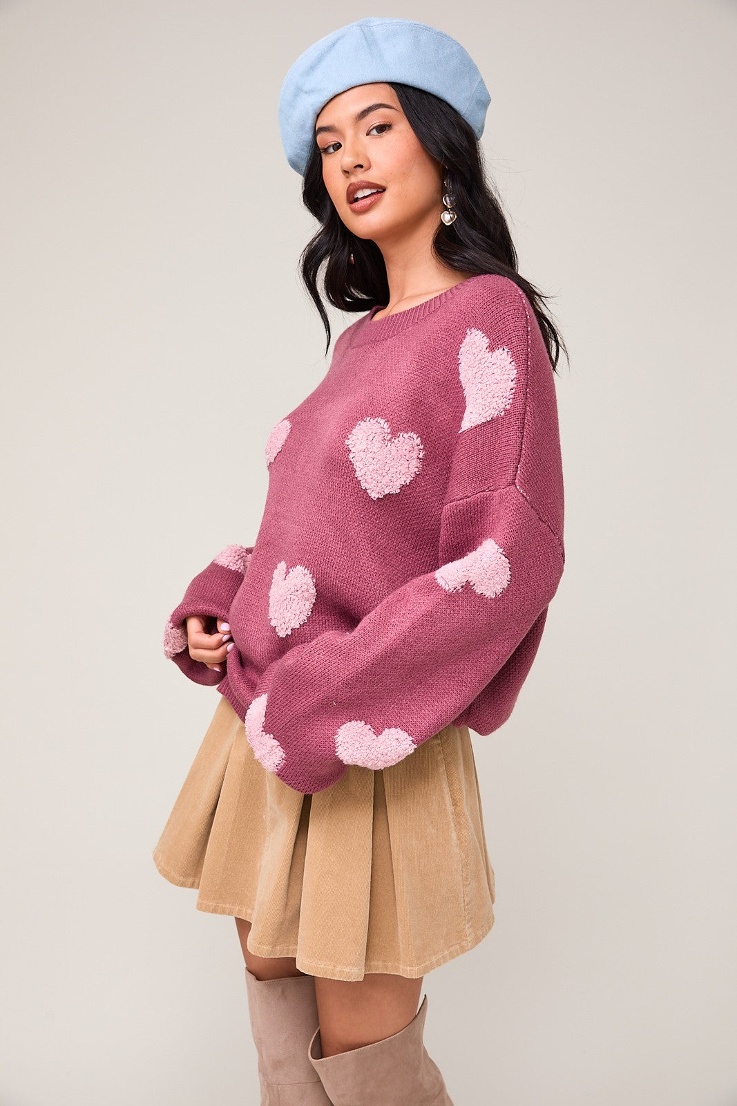 LONG SLEEVE DROP SHOULDER 3D HEART SWEATER