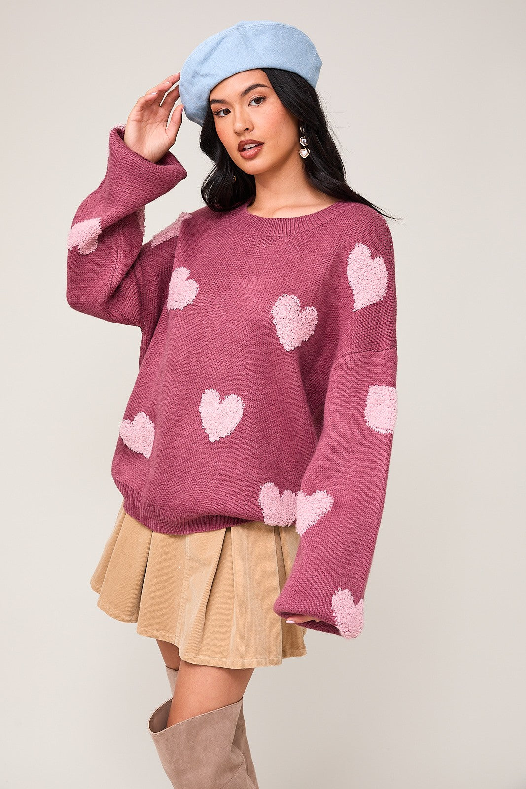 LONG SLEEVE DROP SHOULDER 3D HEART SWEATER