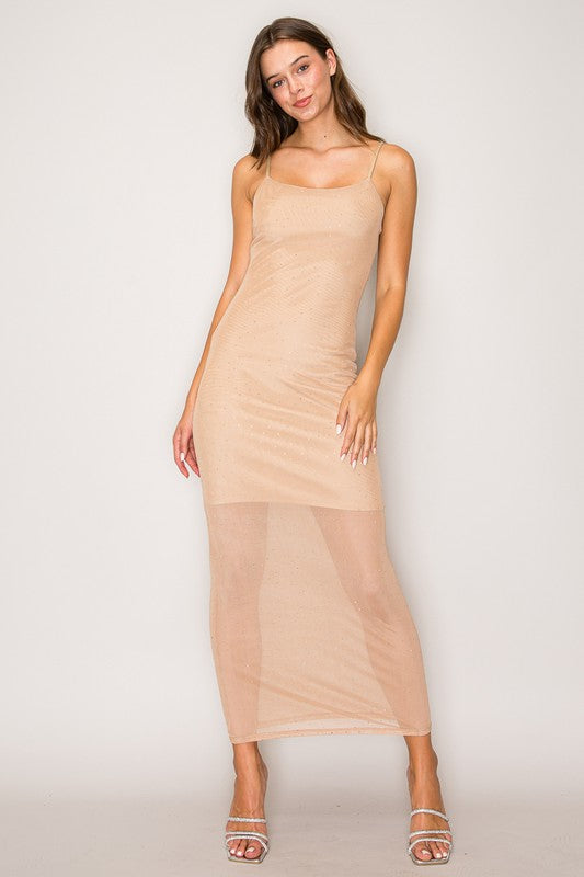 Rhinestone Embellished Power Mesh Cami Maxi Dress