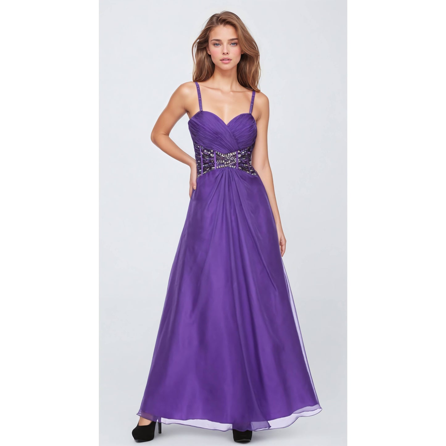 OVERLAP TOP AND BEADED WAIST LINE FORMAL DRESS