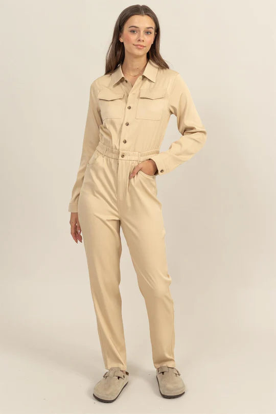 BUTTON-UP UTILITY JUMPSUIT