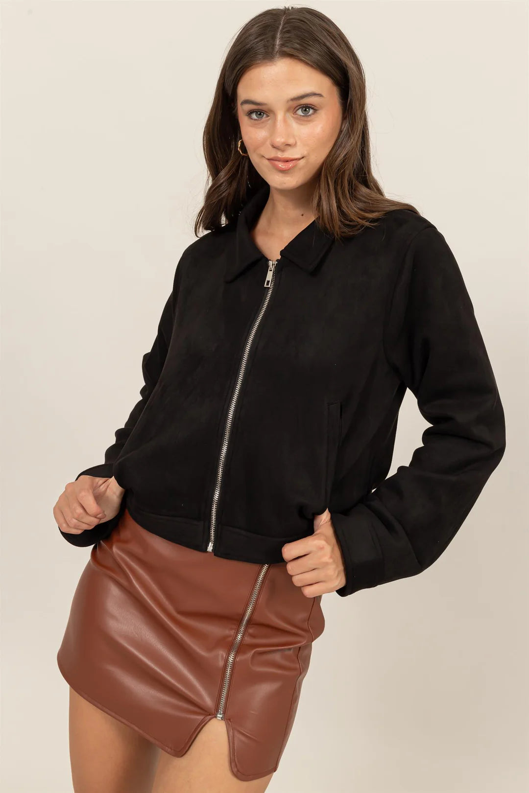 Cropped Faux Suede Zip-Up Jacket