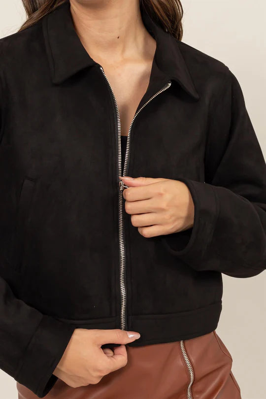 Cropped Faux Suede Zip-Up Jacket