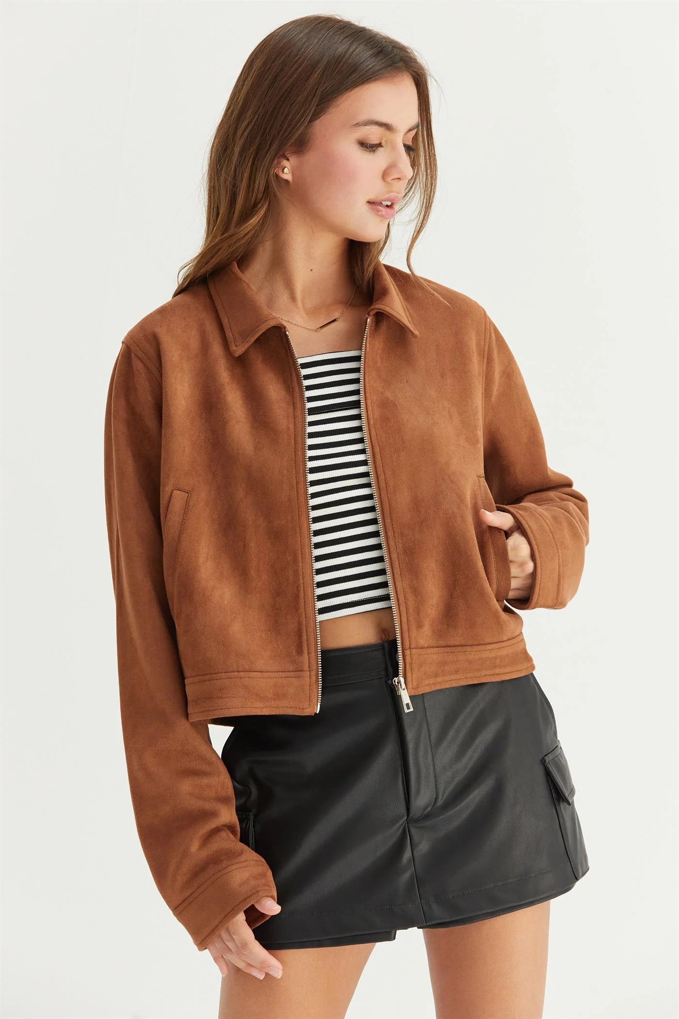 Cropped Faux Suede Zip-Up Jacket