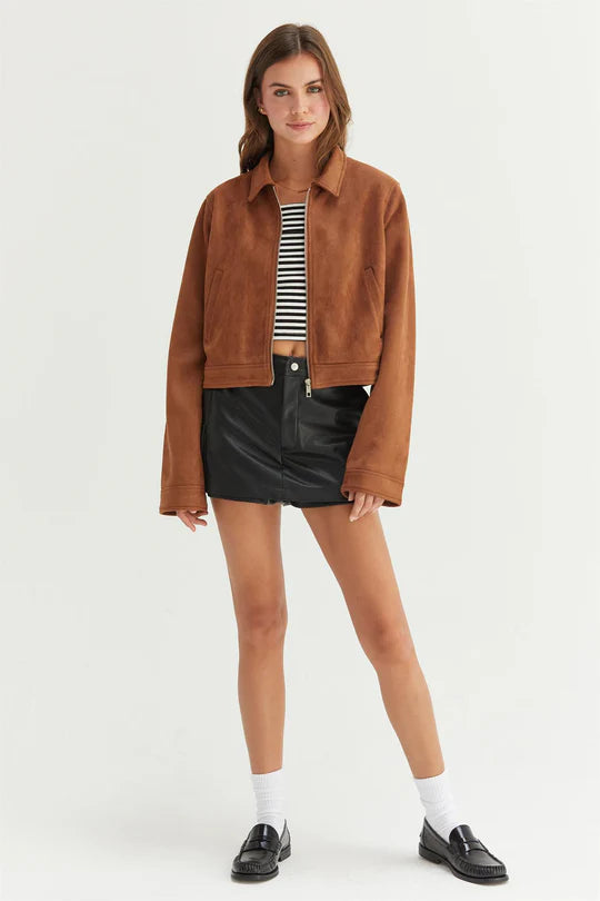 Cropped Faux Suede Zip-Up Jacket