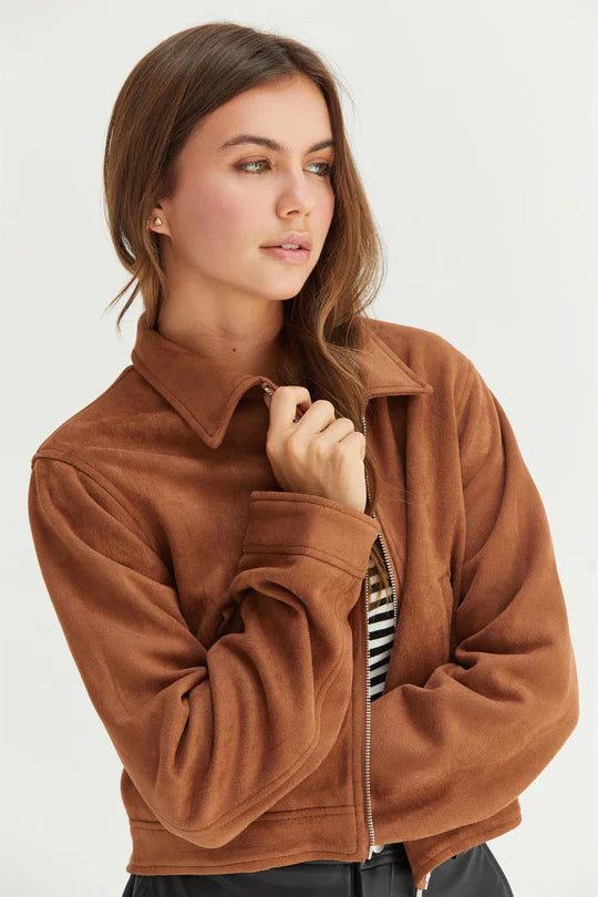 Cropped Faux Suede Zip-Up Jacket