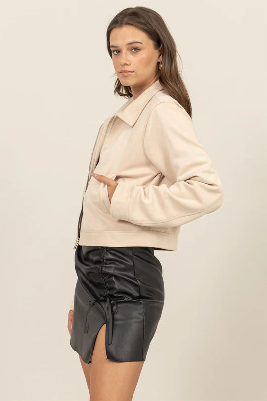 Cropped Faux Suede Zip-Up Jacket