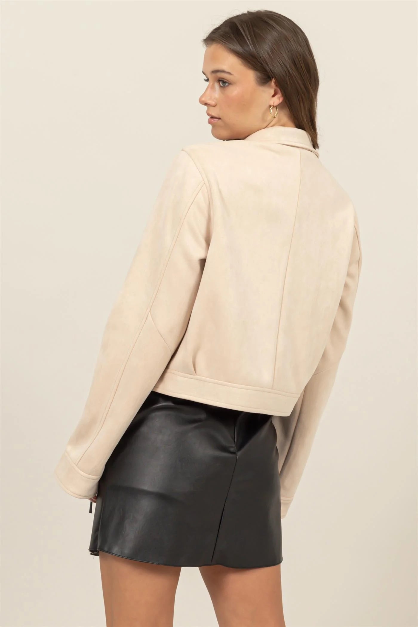 Cropped Faux Suede Zip-Up Jacket