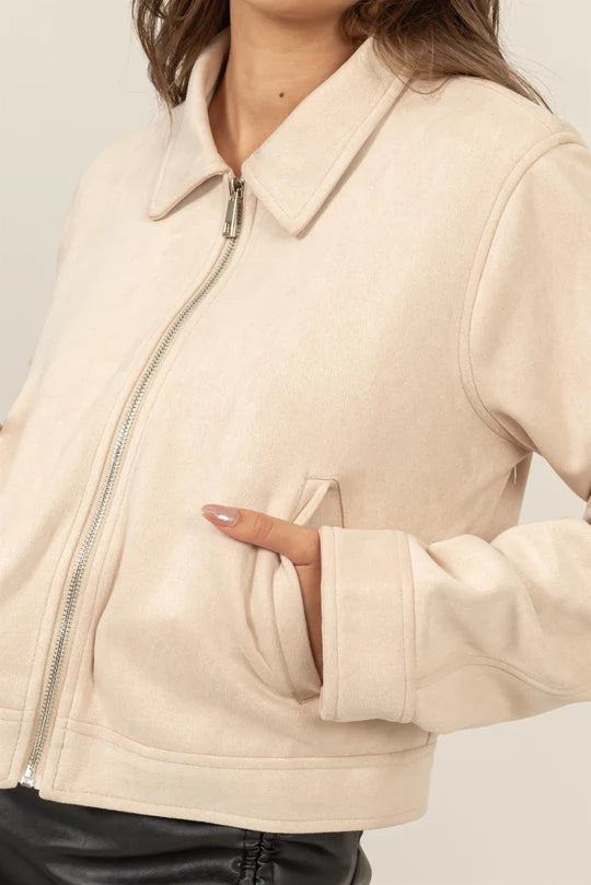 Cropped Faux Suede Zip-Up Jacket