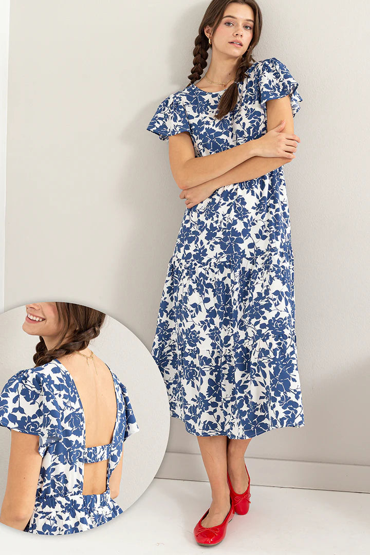 FLORAL PRINT CUTOUT MIDI DRESS