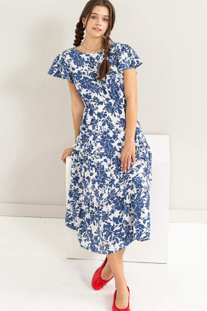 FLORAL PRINT CUTOUT MIDI DRESS