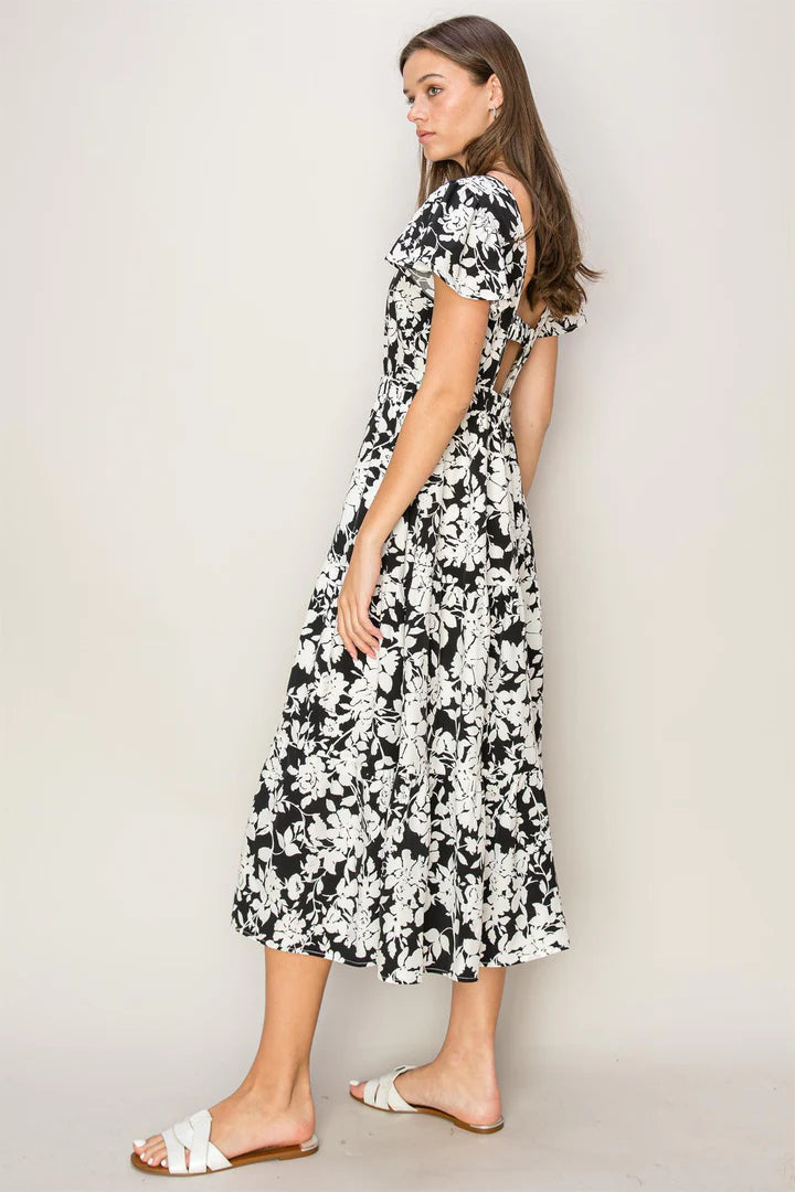 FLORAL PRINT CUTOUT MIDI DRESS