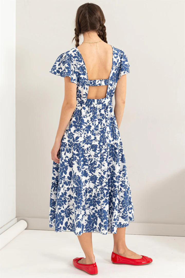FLORAL PRINT CUTOUT MIDI DRESS