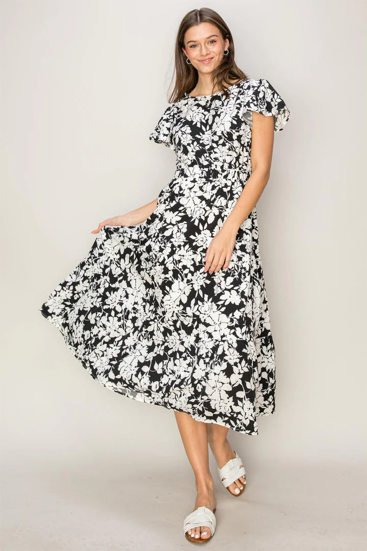 FLORAL PRINT CUTOUT MIDI DRESS