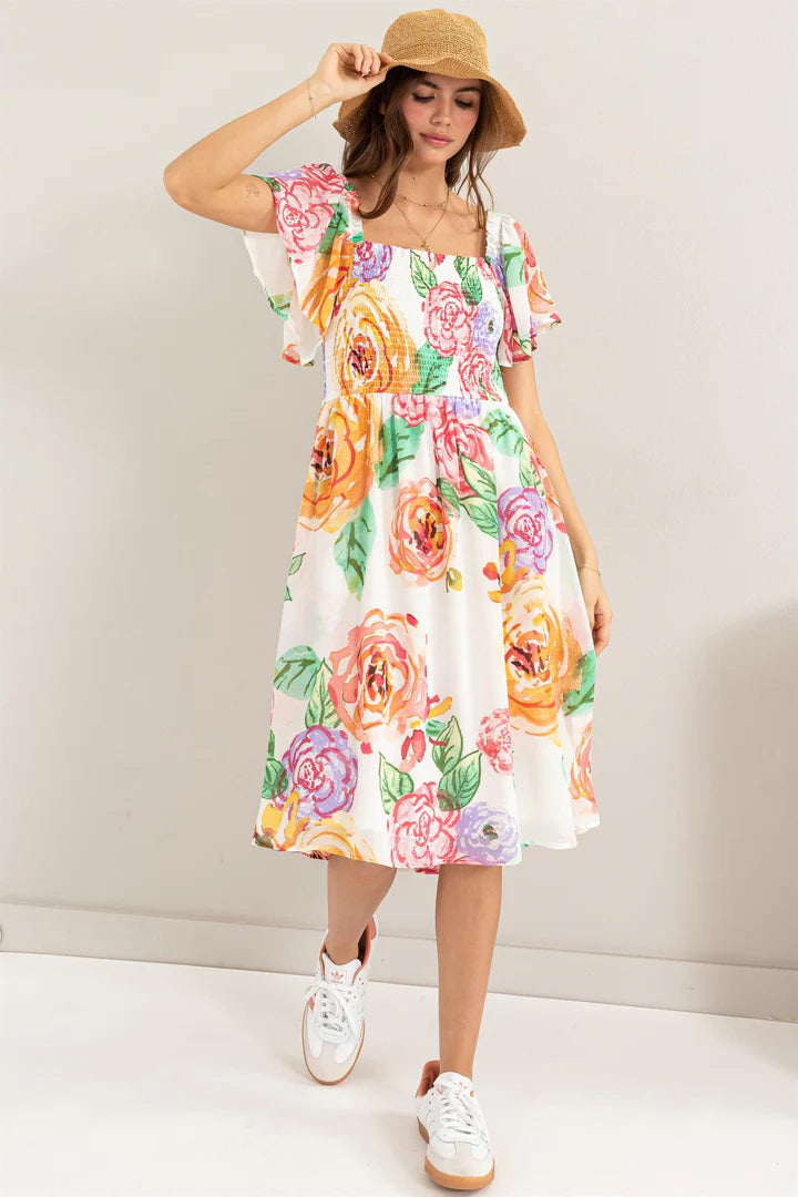 FLUTTER SLEEVE SMOCKED DRESS