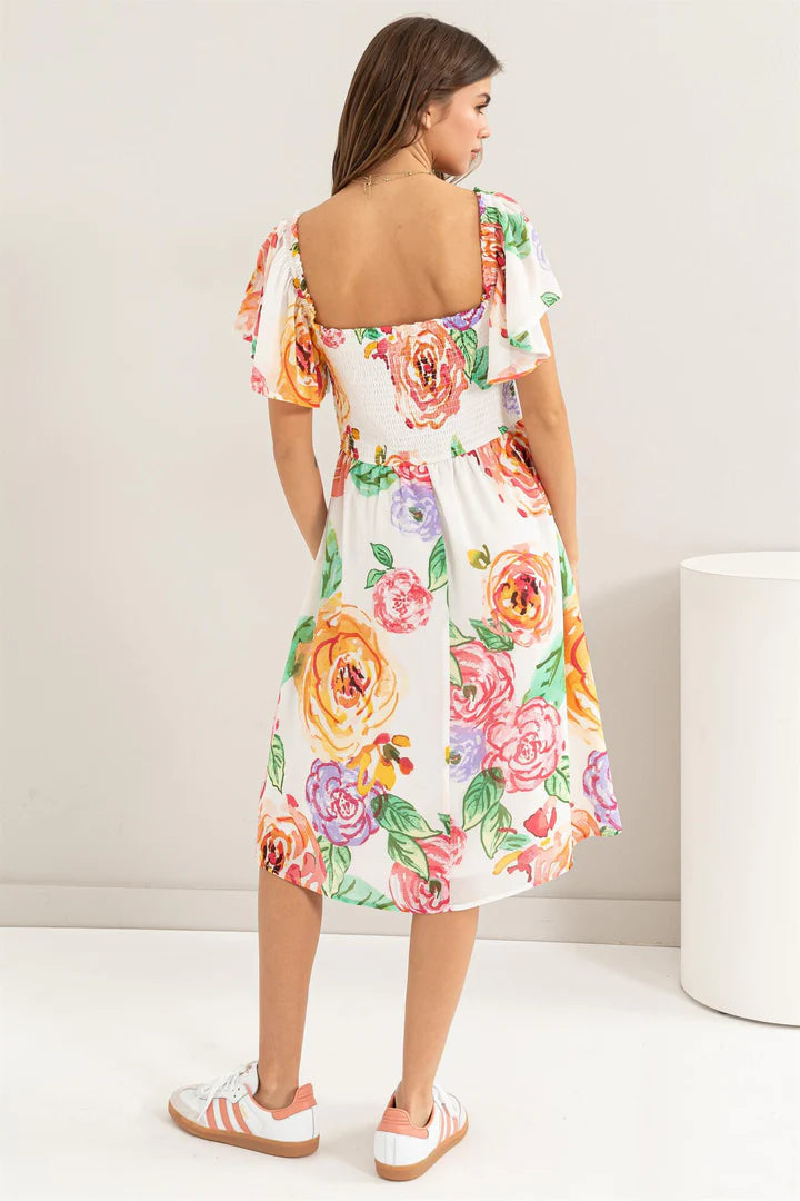 FLUTTER SLEEVE SMOCKED DRESS