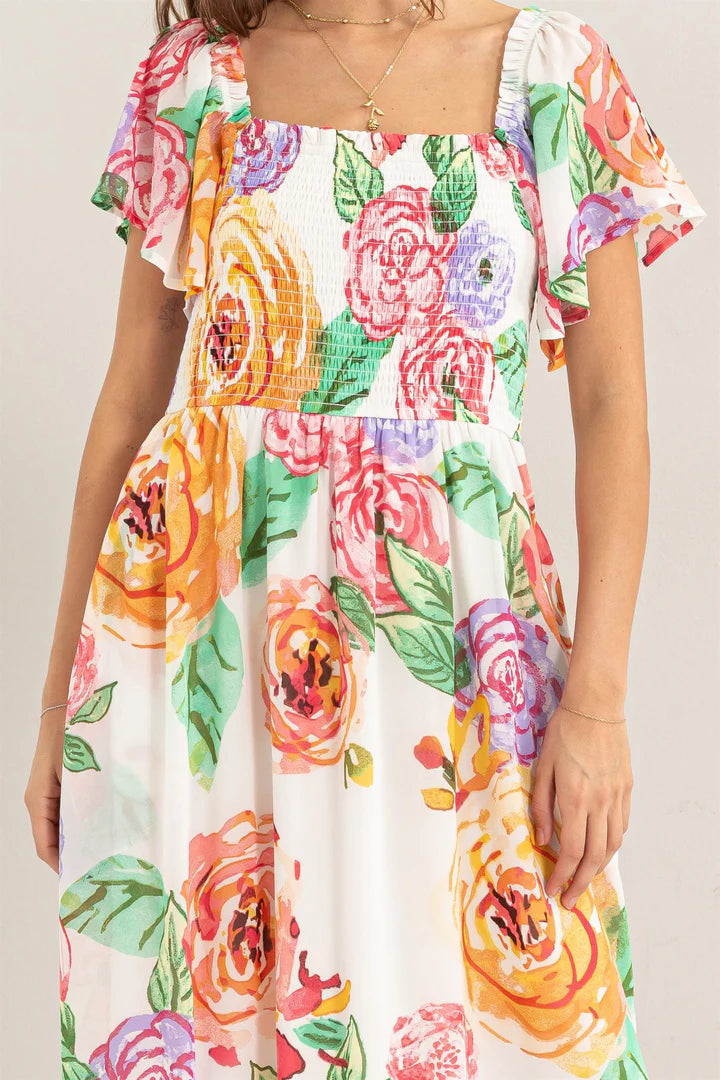 FLUTTER SLEEVE SMOCKED DRESS