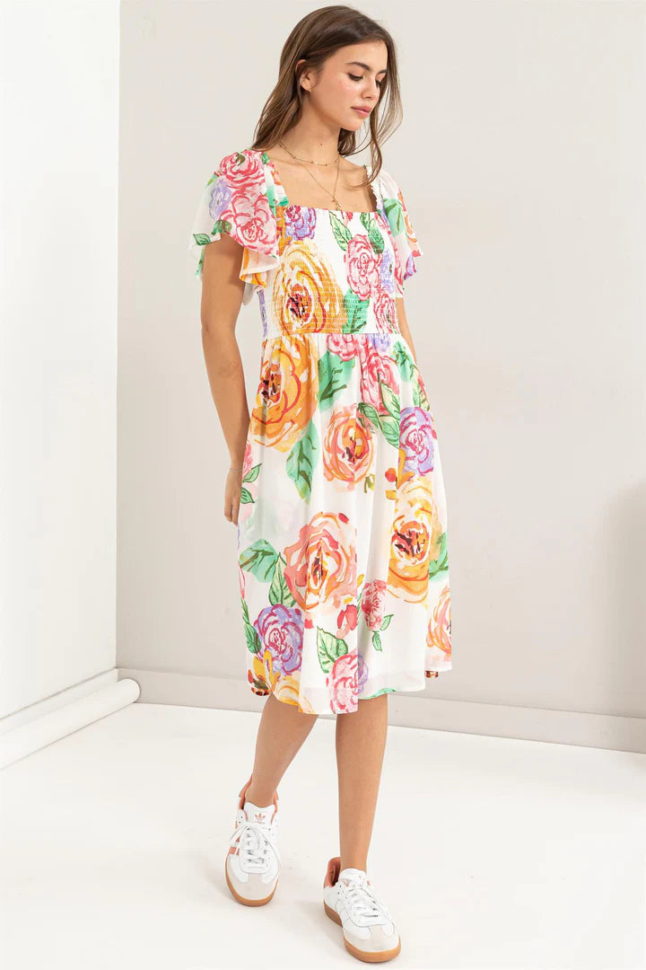 FLUTTER SLEEVE SMOCKED DRESS