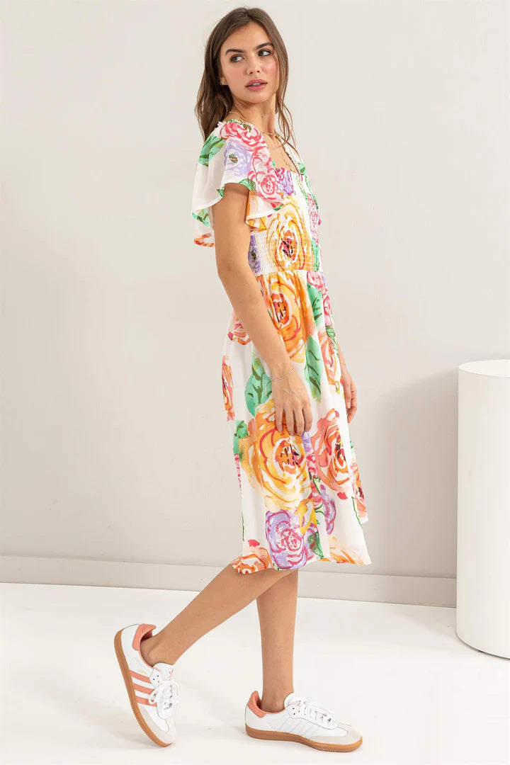 FLUTTER SLEEVE SMOCKED DRESS