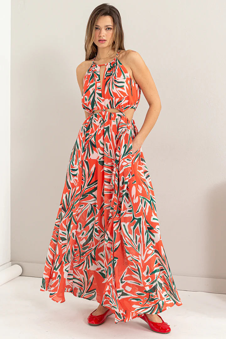 ABSTACT PRINT HATLER CUTOUT MAXI DRESS
