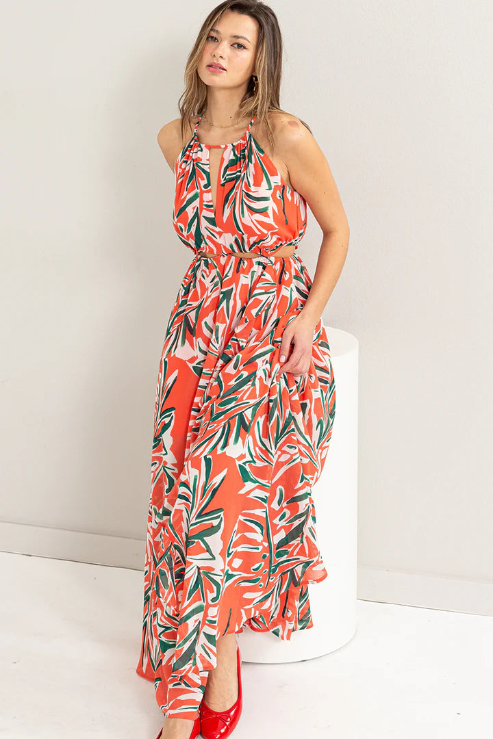 ABSTACT PRINT HATLER CUTOUT MAXI DRESS