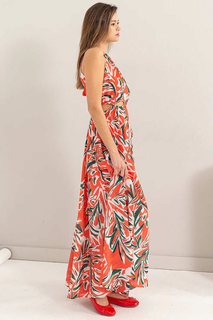 ABSTACT PRINT HATLER CUTOUT MAXI DRESS
