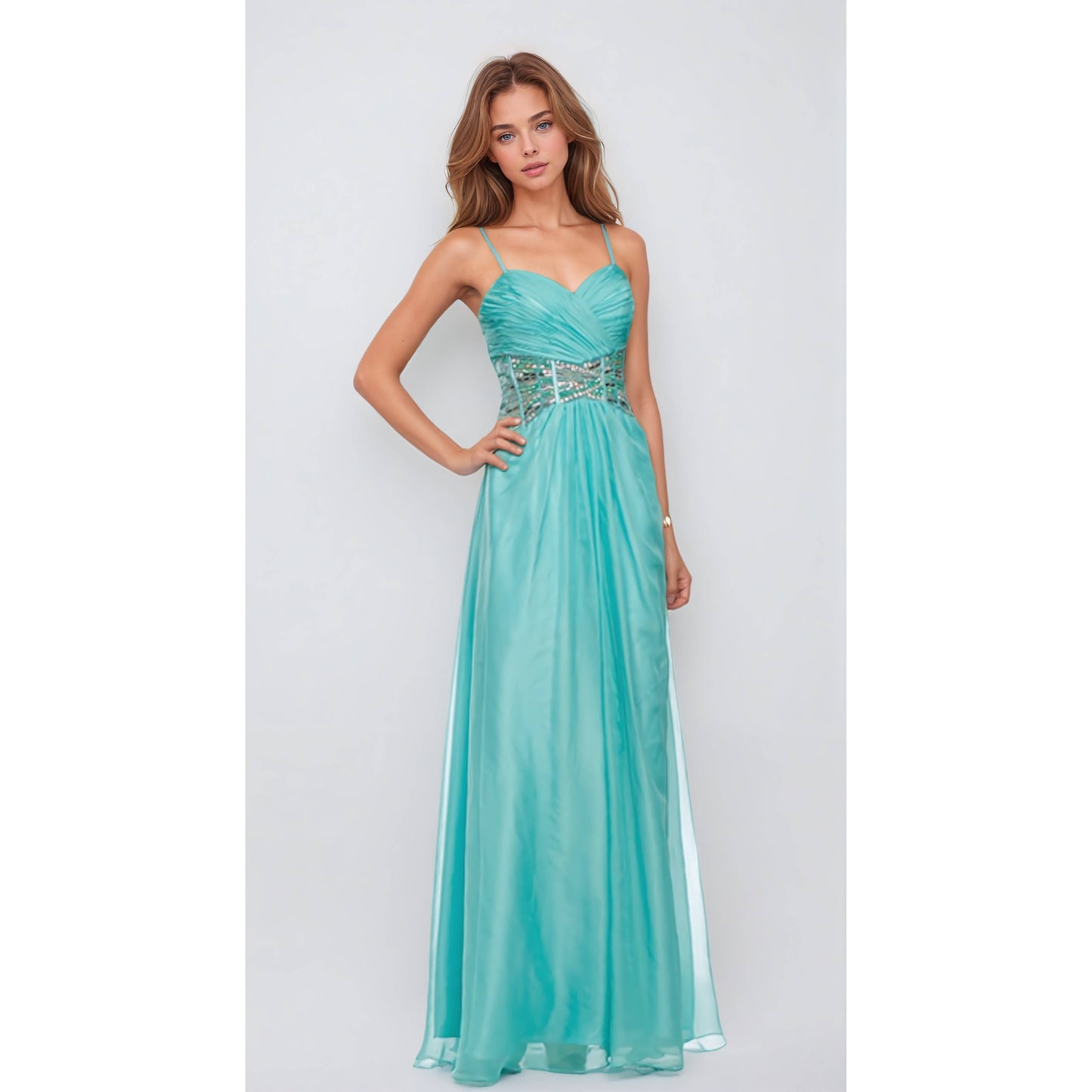 OVERLAP TOP AND BEADED WAIST LINE FORMAL DRESS