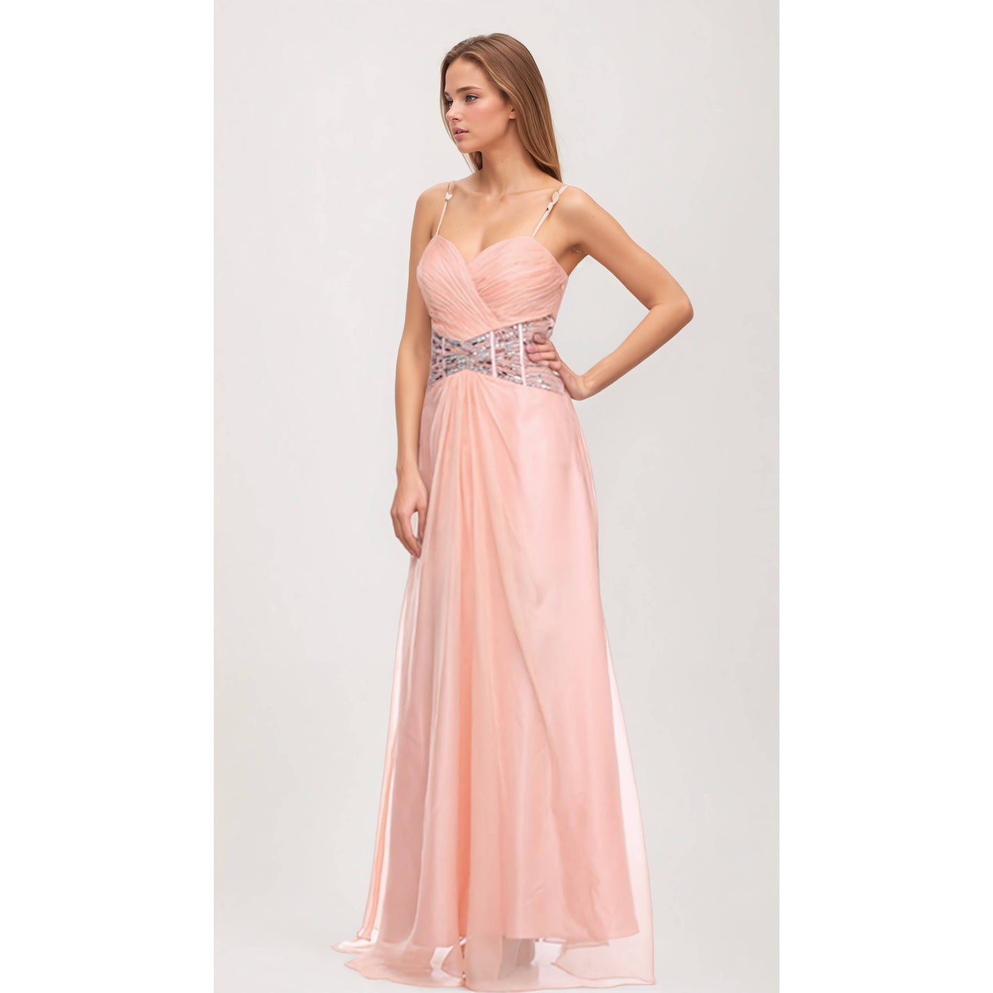 OVERLAP TOP AND BEADED WAIST LINE FORMAL DRESS