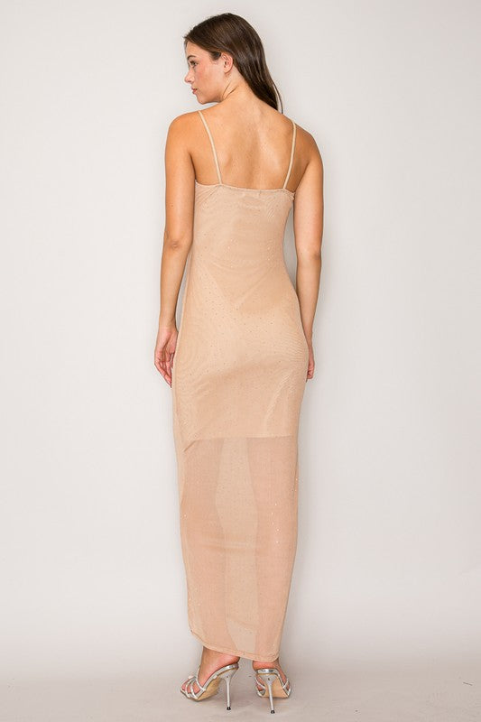 Rhinestone Embellished Power Mesh Cami Maxi Dress