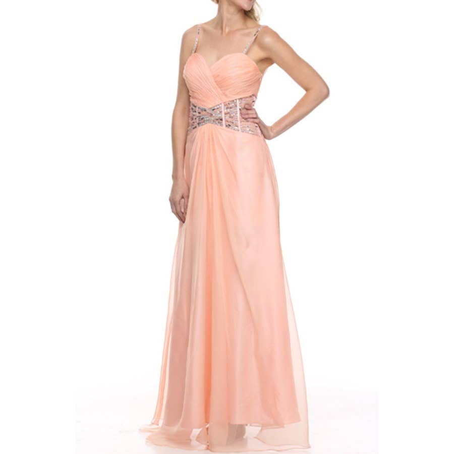OVERLAP TOP AND BEADED WAIST LINE FORMAL DRESS