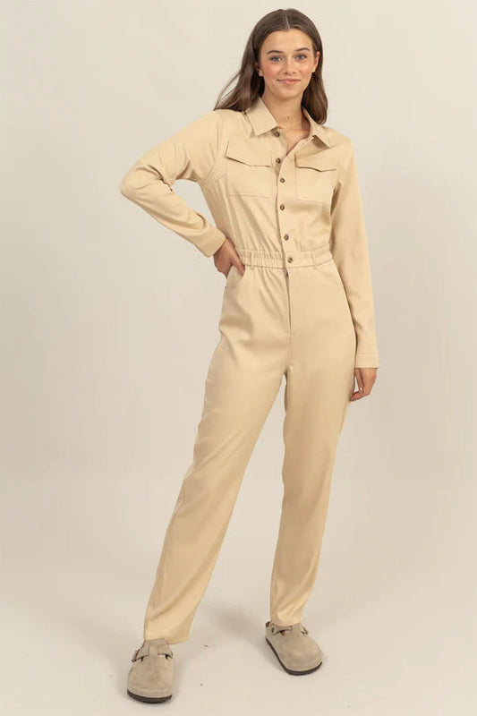 BUTTON-UP UTILITY JUMPSUIT