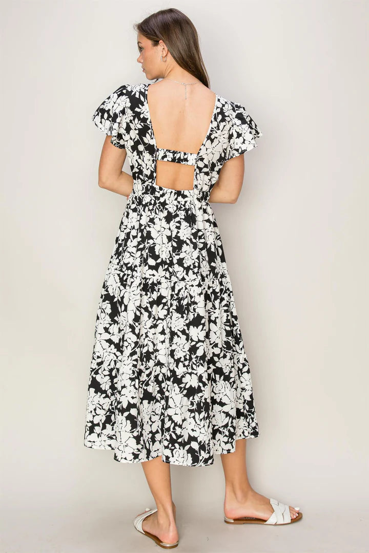 FLORAL PRINT CUTOUT MIDI DRESS