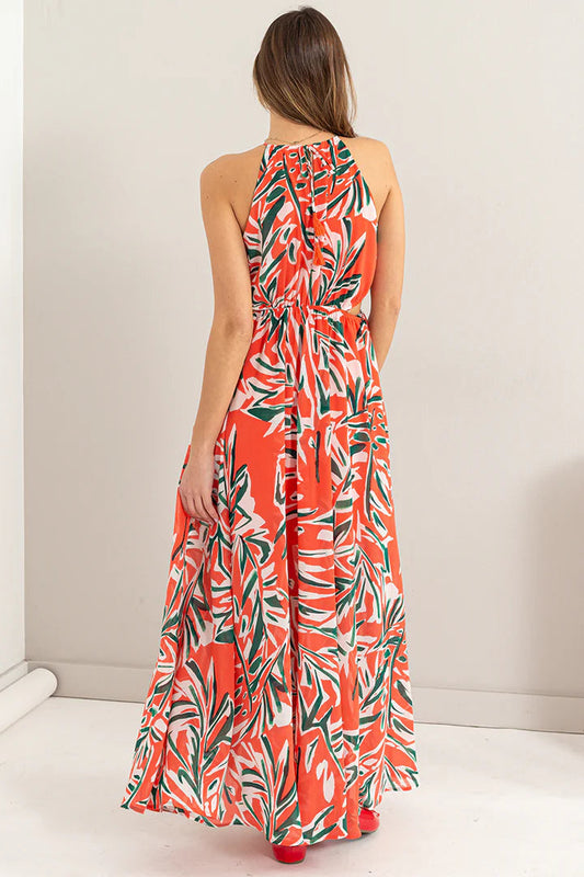 ABSTACT PRINT HATLER CUTOUT  MAXI DRESS